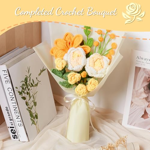 LAIDANLA Crochet Flower Bouquet Yellow Roses and Tulip Bouquet for Her, Handmade Crocheted Flowers Appreciation Graduation Anniversary Birthday Gifts for Women Wife Teacher Girlfriend Mom