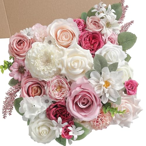 Artificial Flowers Box White Pink Silk Fake Roses with Stems for DIY Wedding Bridal Bouquets Floral Arrangement Table Centerpieces Cake Birthday Party Wreath Baby Shower Home Decor - color: White Pink