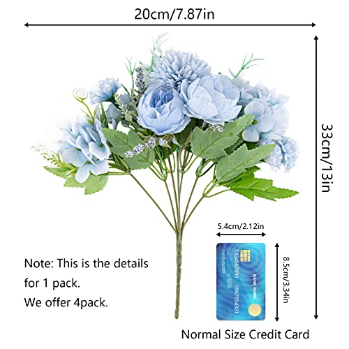 Artificial Flowers, 4 Packs Blue Fake Peony Silk Hydrangea Bouquet Decor Plastic Carnations Daisy Realistic Flower Home Office Party Decor Arrangements Wedding Decoration Table Centerpieces - color: 4 Pack Blue Fake Flower