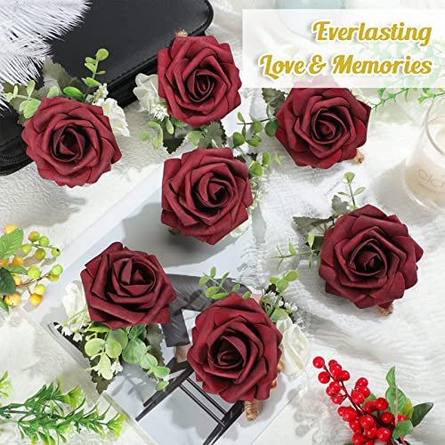 MTLEE 15 Pcs Burgundy Boutonniere for Men Rose Wedding Boutonniere with Pin Groom Groomsmen Buttonholes Man Suit Corsage for Vintage Wedding Ceremony Anniversary Dinner - color: Wine Red, style: Classic