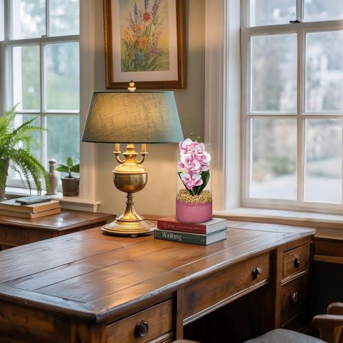 Pink Orchids Artificial Flowers with Vase, Small Faux Orchid Arrangement Fake Orchids Plant in Terrarium Jar Small Pink Orchid Centerpieces for Kitchen Dining Room Tables Bathroom Nightstand Decor - color: White + Pink Sand