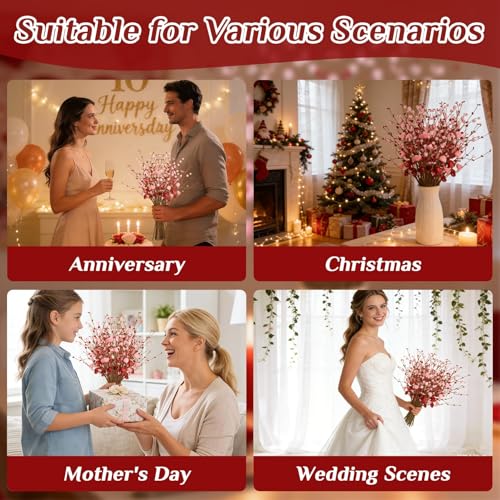 RAINFLOW 6PCS Artificial Red Berry Stems - 16.5" Heart Berry Picks for Vase, Mother's Day Floral Decor Anniversary Wedding Party Centerpieces Pink Spring Home Decor(No Vase)