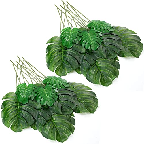 Zeyune 24 Pcs Artificial Palm Leaves Bulk with Faux Stems Large Fake Monstera Leaf for Palm Sunday Wedding Artificial Turtle Leaf Tropical Greenery Plant UV Resistant Hawaiian Jungle Party