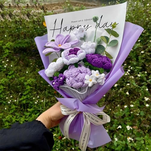 Completed Purple Crochet Flowers Bouquet, Handmade Knitted Bouquet, Crochet Artificial Flowers for Mother's Day Birthday, Wedding Home Decor, Gifts for Mom (Purple Tulip) - style: Purple Tulip & Rose