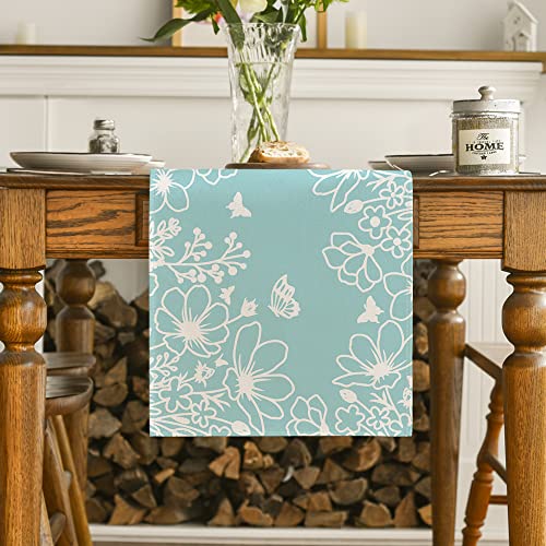 Artoid Mode Blue Bloom Flowers Butterfly Spring Table Runner, Seasonal Holiday Kitchen Dining Table Decoration for Home Party Indoor 13x72 Inch - color: Blue, size: 13" x 72", Table Runner