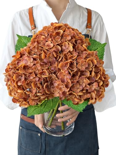 JINWOE Fall Hydrangea Artificial Flowers, 3Pcs 21" Raw Umber Brown Latex Real Touch Flowers, Faux Silk Flowers Fake Artificial Hydrangeas with Stems for Bouquet Table Centerpieces Halloween - color: Brown, size: 3pcs