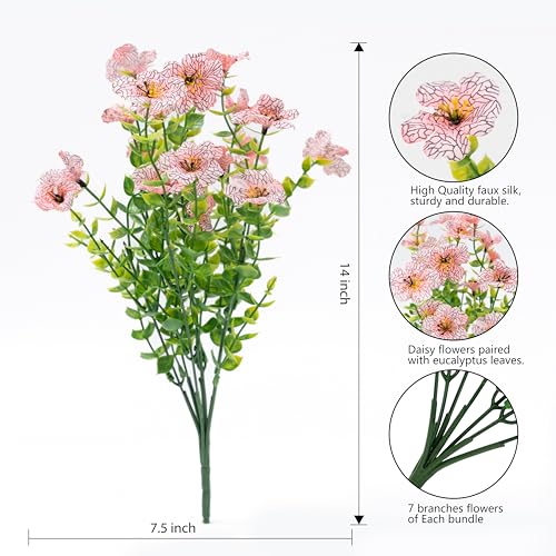 Artificial Flowers for Outdoor Indoor Garden Home Decoration, Faux Flower Daisy with Eucalyptus Leaves Fake Plants Greenery Boxwood Porch Patio, 12 Bundles - color: Pink