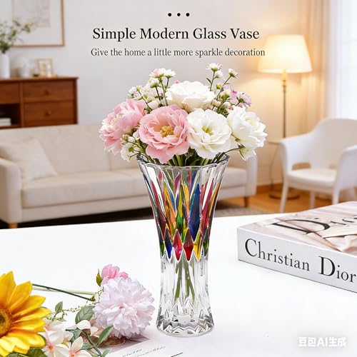Glass Vase for Flowers Modern Vases Home Decor Unique Flower Vase for Bouquet 7.7" Centerpiece Vase Decor Room,Living Room,Library,Office,Table,Entryway,Modern Farmhouse(Crystal Clear) - color: Crystal-7