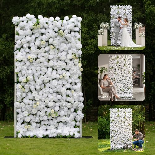 rosemorning 4x8FT White Artificial Flower Wall Backdrop,5D Silk Flower Wall Panel for Wedding Party Birthday Baby Shower Photo Booth Decor Easy to Install Reusable - color: Linen-white, size: 4Ft*8Ft