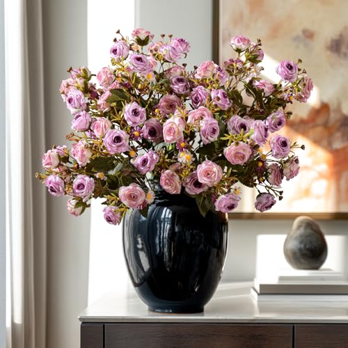 Artificial Rose Flowers for Outdoor 4 Bundles Rose Bouquet with Daisy Faux Flowers UV Resistant for Home Indoor Outside Garden Porch Window Box Balcony Yard Porch Fall Decor (Purple) - color: Purple