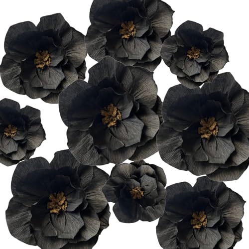 BRT Bearingshui Black Paper Flowers Decoration for Wall Total 9 Pcs, Artificial Flowers for Wedding Decor,Flower Backdrop Decor, Baby Bridal Shower Birthday Party, Black 3D Wall Flowers Decor - color: Black