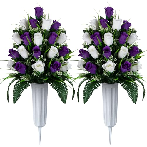 XONOR 2 Sets Artificial Cemetery Flowers, Grave Decorations Roses, Memorial Flowers Bouquet with Vase for Grave Cemetery Decoration (Dark Purple&White) - color: Dark Purple&white