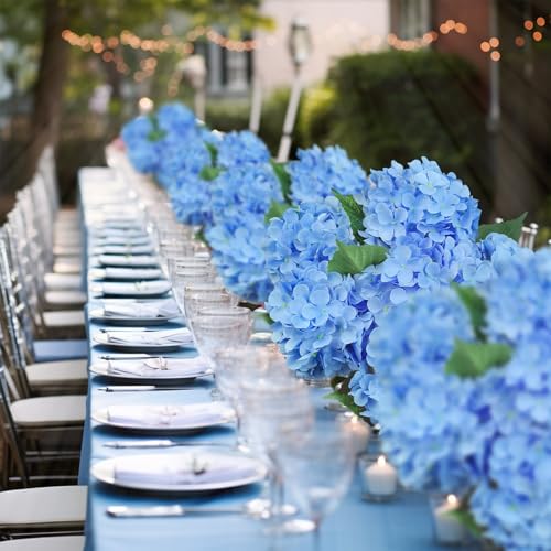 6PCS Premium Blue Silk Hydrangea Artificial Flowers Bouquets - Realistic Fake Hydrangea with Stems, Faux Flower Arrangement for Home Wedding Party Baby Shower Table Centerpieces Decoration - color: Blue Light Blue