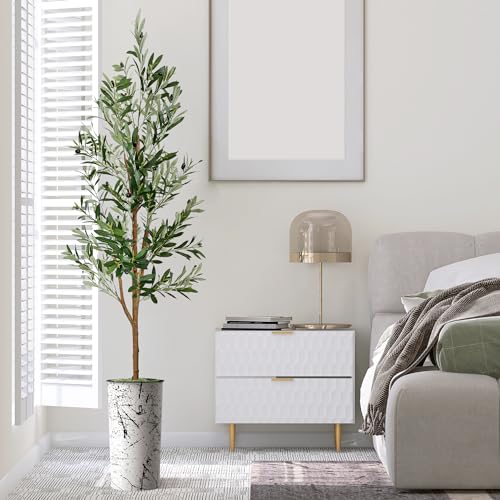 Artificial Tree in Abstract Ink Planter, Fake Olive Silk Tree for Indoor and Outdoor Home Decoration - 68" Overall Tall (Plant Pot Plus Tree) - style: Olive Tree