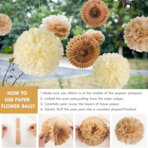 PAPER JAZZ 15 Pcs Wedding Decoration Vintage Beige Pompoms Decoration Brown Paper Fans Boho Party Decoration for Wedding Decoration Birthday Table Decoration Baby Shower - color: Vintage