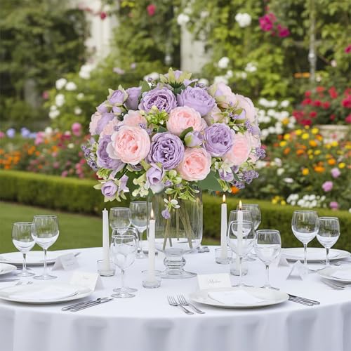 12 Bundles Peonies Artificial Flowers Bouquet, Lifelike Silk Fake Peonies with Stems for Home Table Centerpieces, Wedding, Party & DIY Bridal Floral Arrangements（Light Purple） - color: Light Purple