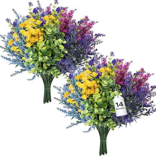TQRR 14Pcs Artificial Flowers for Outdoor, UV Resistant Fake Silk Flowers, Faux Plastic Plants for Spring Summer Yard, Porch, Hanging Planter,Window, Home Decoration (14)