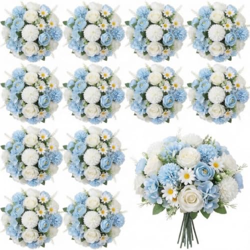 Tigeen Peonies Artificial Flowers Faux Roses Silk Flowers Hydrangea Artificial Bouquet for Wedding Table Centerpiece Floral Vase Home Office Bridal Decor(Champagne White, Blue,12 Bundles) - color: Champagne White, Blue