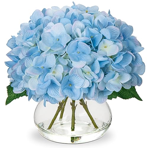 Hollyone Hydrangea Artificial Flowers with Vase Blue Silk Fake Flowers Arrangements in Glass Vase with Faux Water Faux Floral Bulk Bouquet for Home Decor Bathroom Table Centerpiece Shelf Decorations - color: Hydrangea, Blue