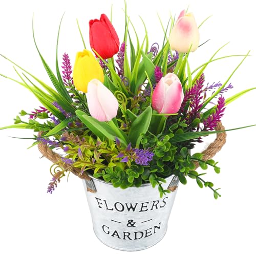 Summer Spring Flower Table Centerpiece, 10" Tall Fake Tulips Lavender in Vase Farmhouse Floral Arrangement Artificial Potted Plants for Rustic Home Office Patio Decor Gift