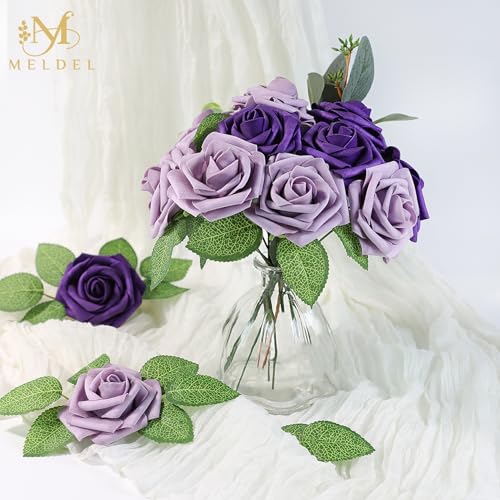 Artificial Flowers 50pcs Real Looking Purple Lilac Foam Fake Roses with Stems for DIY Wedding Bouquets Bridal Shower Centerpieces Floral Arrangements Home Decorations - color: Purple & Lilac, size: 50Pcs