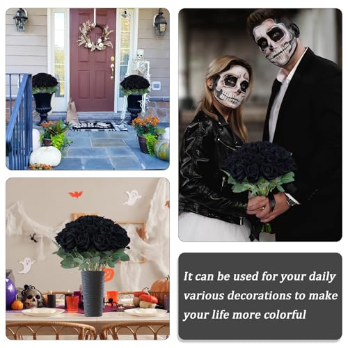 30pcs Fake Roses Artificial Silk Flowers Long Stems Bouquet for Wedding Bridal Shower Party Home Decoration (Black) - color: Black