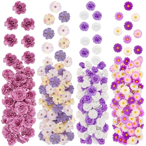 ATTGREAT 310 Pcs Fake Flower Heads Mini Artificial Flower Bulk Silk Flowers for Decoration Small Faux Flower Heads Fabric Daisy Buds Floral for Crafts DIY Wedding Party Baby Shower Home Decor, Purple - color: Purple