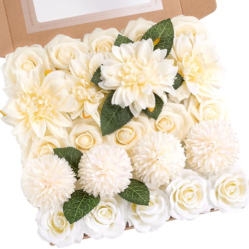 Artificial Flowers Combo Set Creamy Yellow Faux Dahlia Roses DIY Wedding | Flexible wire stems artificial flower set for bridal shower bouquet centerpieces home decor crafts reusable arrangement - color: Creamy Yellow, size: The Minimalist