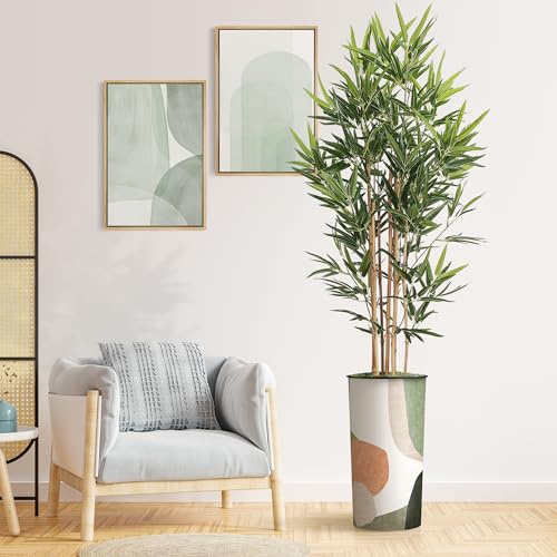 Artificial Tree in Multicolor Textured Geometric Shapes Illustrations Planter, Fake Bamboo Silk Tree for Indoor and Outdoor Home Decoration - 70" Overall Tall (Plant Pot Plus Tree) - style: Bamboo