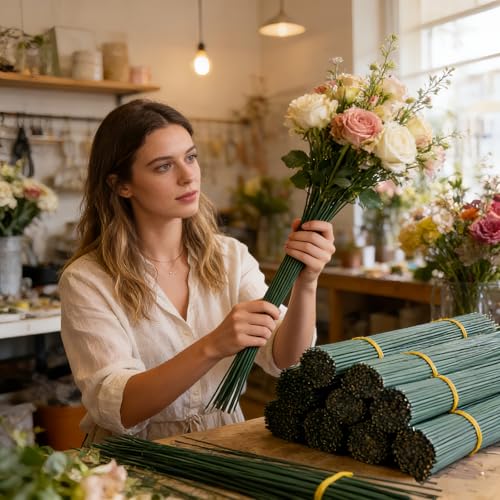 100Pcs Flower Stem Wire, 2.0mm 14 Gauge Sturdy Iron Sticks for Artificial Flowers, DIY Bouquet Crafting, Stem Wrapping, Plant Support and Multi-Use Crafts, Green (100pcs, 10 Inch/25cm) - size: 10 Inch /25cm