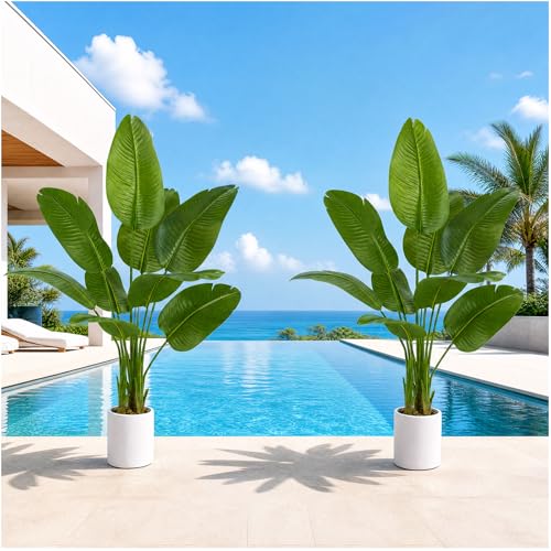 Pack 2 Artificial Bird of Paradise Plant 4FT Fake Palm Tree Feaux Plants in White Pot Artificial Tree Fake Plant for Indoor Outdoor Modern Decoration for Home Living Room Office - color: 2 Pack, size: 4FT