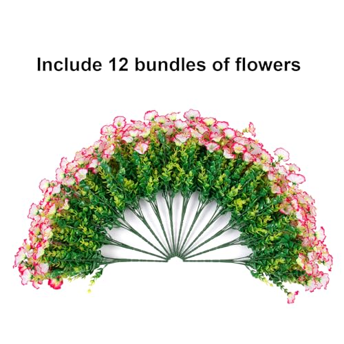 HyeFlora Artificial Faux Outdoor Flowers Plants for Spring Summer Decoration, 12 Bundles Silk Outside Morning Glory UV Resistant Realistic Fake Flowers for Planter Front Door Patio Yard Window Porch - color: Pink