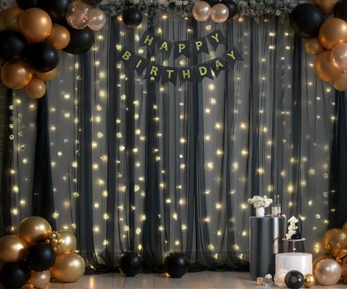 Black Backdrop Curtains with Lights String for Parties Wedding Bridal Shower 10×10ft Sheer Tulle Backdrop Curtain Panels for Baby Shower Birthday Party Photo Shoot Background Wall Decorations - color: Black, size: 10 ft X 10 ft(2 Panels 5ft X 10ft)