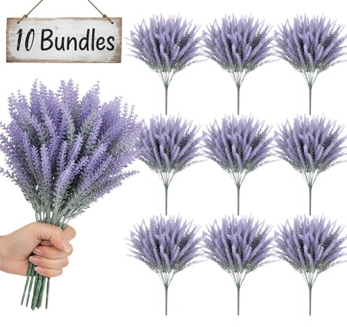 ilauke 10 Bundles Artificial Lavender Flowers for Outdoors, Purple Fake Flowers for Decoration, UV Resistant Faux Plants Lavender Flower Bouquet Indoor Outside Home Wedding Garden Patio Porch Decor - color: Purple
