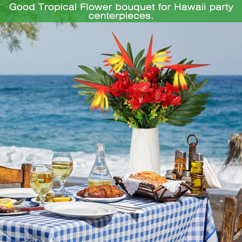Hotop 4 Set/ 16 Pcs Artificial Tropical Flower Bouquets Bulk for Hawaii Centerpieces Bird of Paradise Lily Bouquet Permanent Flower Tropical Plant Party Office Home Decor (Bright Red) - color: Bright Red
