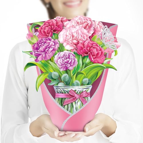 Airpark Pop Up Flower Bouquet Card for Women, 3D Floral Greeting Card with Envelope and Note, Birthday Thank You Thinking of You Get Well Gift for Mom Friend Wife Teacher, Carnation - style: Carnations