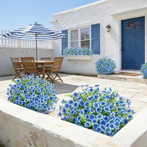 Roberly Artificial Flowers for Outdoors, UV Resistant Silk Faux Flowers Daisy with Eucalyptus Greenery Stems Fake Plastic Plants for Spring Summer Patio Garden Home Decor, 18 Bundles, Blue - color: Blue