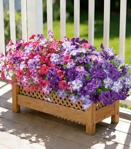 Artificial Flowers for Outdoors Decoration, 20 Bundles Faux Morning Glory with Eucalyptus Look Real UV Resistant Fake Plants Silk Flowers for Outside Yard Gardens Porch Patio Planter Home Urn, Mix - color: 4 Color(5 Purple, 5 Gradient Purple, 5 Fuchsia, 5