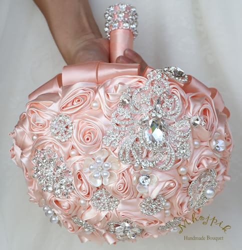 Bridal Wedding Bouquet Round Bling Brooch Bouquet Artificial Rose Flower Bunch for Bride Bridesmaid Wedding Quinceanera(Light Salmon Pink, 9.8") - color: Light Salmon Pink, size: Large (Dia. 9.8"/25cm)