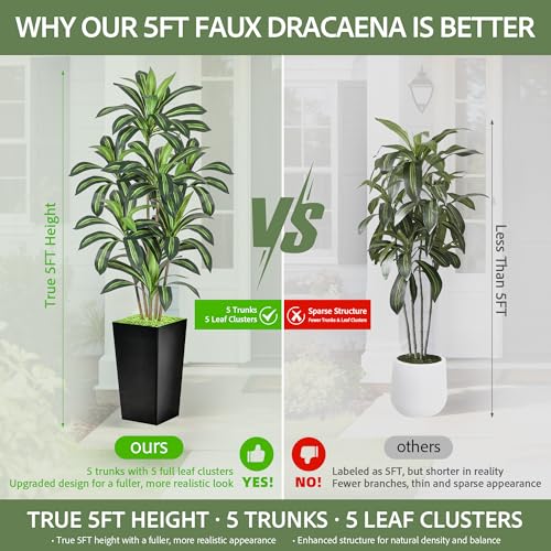 Dracaena Artificial Plant, 5FT Tall Artificial Plants Indoor Dracaena Tree in Pot, Fake Floor Plant for Living Room Decor, Artificial Tropical Plants Outdoor Porch Decor Office (Black, 5FT) - color: Black, size: 5FT