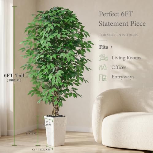 6FT Artificial Ficus Tree Indoor, Large Fake Ficus Tree with Natural Wood Trunk & Realistic Silk Leaves, Tall Faux Tree for Living Room, Office, Home Decor, White Pot Included