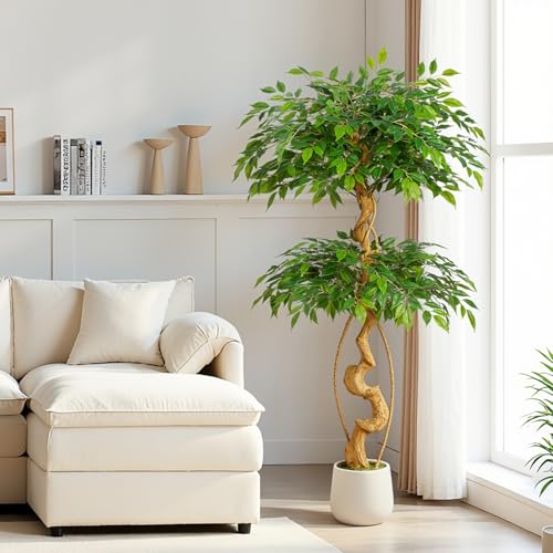 5ft Large Ficus Artificial Trees in White Pot, 60" Tall Fake Silk Tree with Natural Curved Trunk, Lush Faux Ficus Tree for Indoor Home Decor, Living Room, Office & Patio - size: 5ft