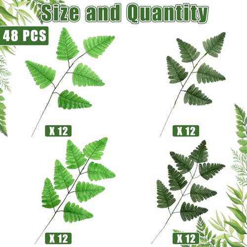 Zeyune 48 Pcs Spring Artificial Silk Leather Leaf Fern Stems 4 Styles Wedding Greenery Faux Leaves Pick 15.8 Inch 14.6 Inch Cemetery Leaf Plant Bouquet for Wedding Decor Garden Room Porch Decor