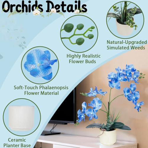 ucky Blue 15.7" 3D Lifelike Artificial Orchid Plant with 20 Heads, Realistic Faux Phalaenopsis in Ceramic Pot for Home Decor, Elegant Fake Flower Arrangement Table Centerpiece - color: Blue