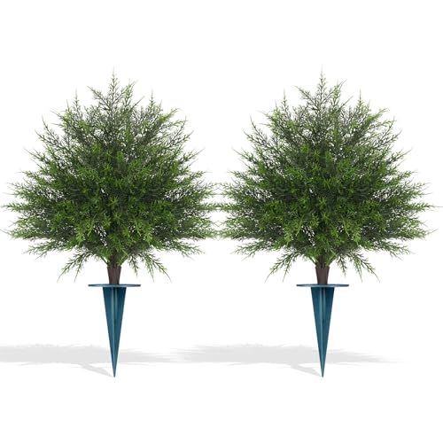 Grooy Artificial Cypress Topiary Bushes with Spike, 2 Pack Faux UV Resistant Cedar Ball Trees for Outdoor Planters, Fake Shrubs Plants for Porch Garden Decor - color: Cedar Tree