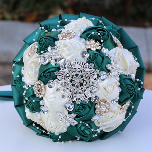 9.8" Dark Green & Ivory Bridal Wedding Bouquet Round Holding Bouquet Throw Toss Artificial Rose Flower Bunch for Bride Bridesmaid Wedding Quinceanera - color: Dark Green & Ivory, size: Large (Dia. 9.8"/25cm)
