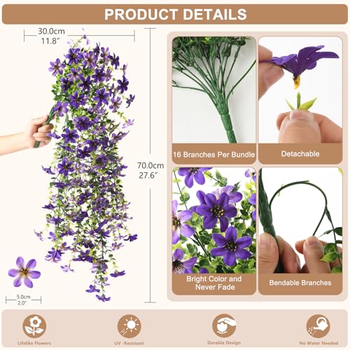 Artificial Hanging Flowers for Outdoors, 2 Pcs Fake Hanging Flowers Spring Summer Decor, UV Resistant Faux Artificial Outdoor Plants for Planter Front Door Porch Patio Garden Yard(Gradient Purple) - color: Gradient Double Purple