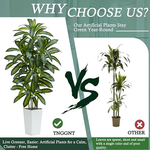 Artificial Dracaena Tree：6FT Faux Silk Tropical Yucca Floor Trees Realistic Fake Green Plant with Natural Wood Trunk & Lifelike Leaves for Home Office Decor Indoor & Outdoor (6FT,1-Pack,White) - color: Dark Green – White Pot, size: 6FT