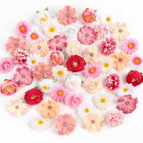 Fake Flower Heads for Crafts, 66PCS Mini Artificial Flowers Bulk, Small Silk Daisy Rose Sunflower Faux Floral Heads for DIY Hair Clips, Wedding Cake, Graduation Cap, Wreath & Party Decoration - color: Pink