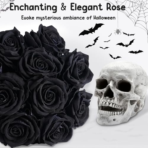 12 Pcs Black Roses Artificial Flowers with Long Stem, Faux Silk Rose Bouquet Realistic Lifelike Fake Floral Bundles for Halloween Valentine's Day Wedding Party Table Centerpiece Decor, Large - color: Black, size: Large